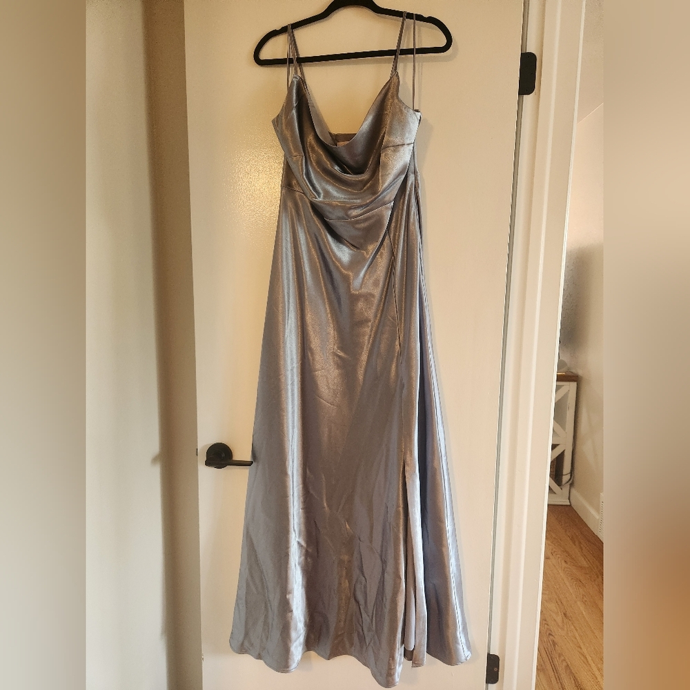 Birdy Grey Lisa Long Dress Shiny Satin Dusty Blue Size L